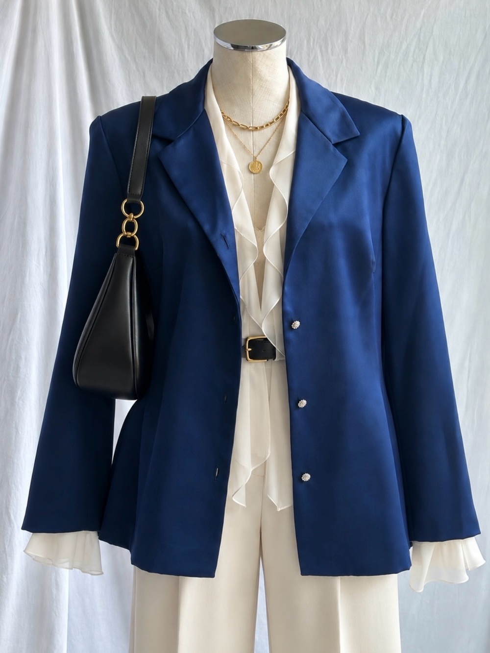 Vintage Talbots NWT Navy Blue Satin Blazer w/ Rhinestone Buttons | Size 12